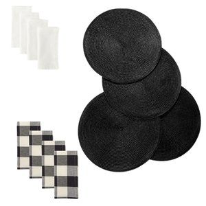 Round Black Placemats with Buffalo Style & All White Napkins (Set of 4)